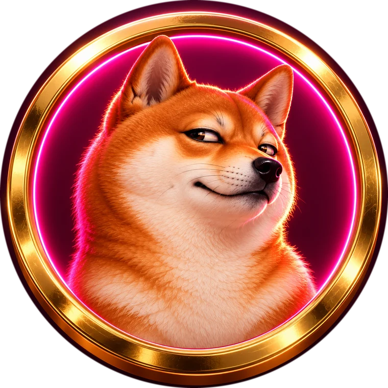 The shiba in a gold medallion with a pink neon rim, listening to the committee with the face of someone who already decided.